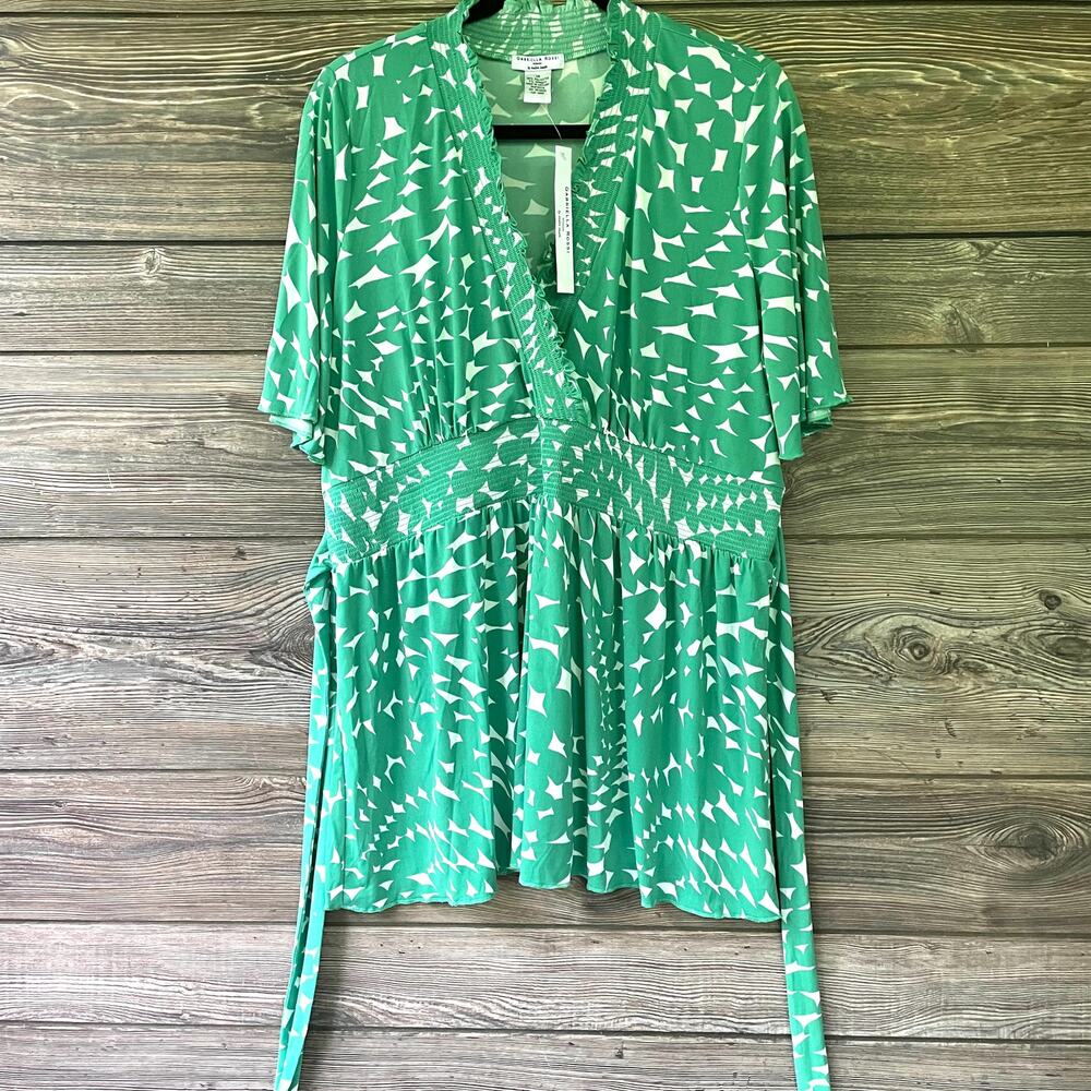Gabriella Rossi Green Print Blouse Top Tie Flutter Short Sleeve SZ 1X C101529